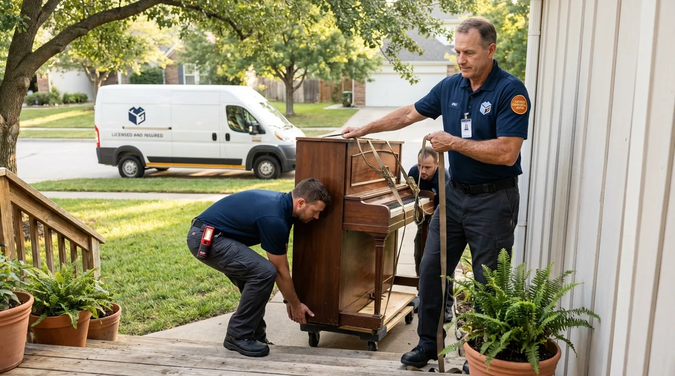 Licensed piano movers securing grand piano in Wayne, MI