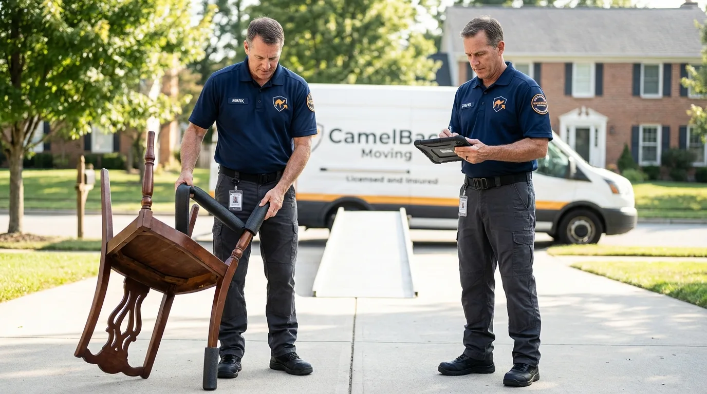 Movers inspecting furniture for damage prevention before loading in Wayne, MI