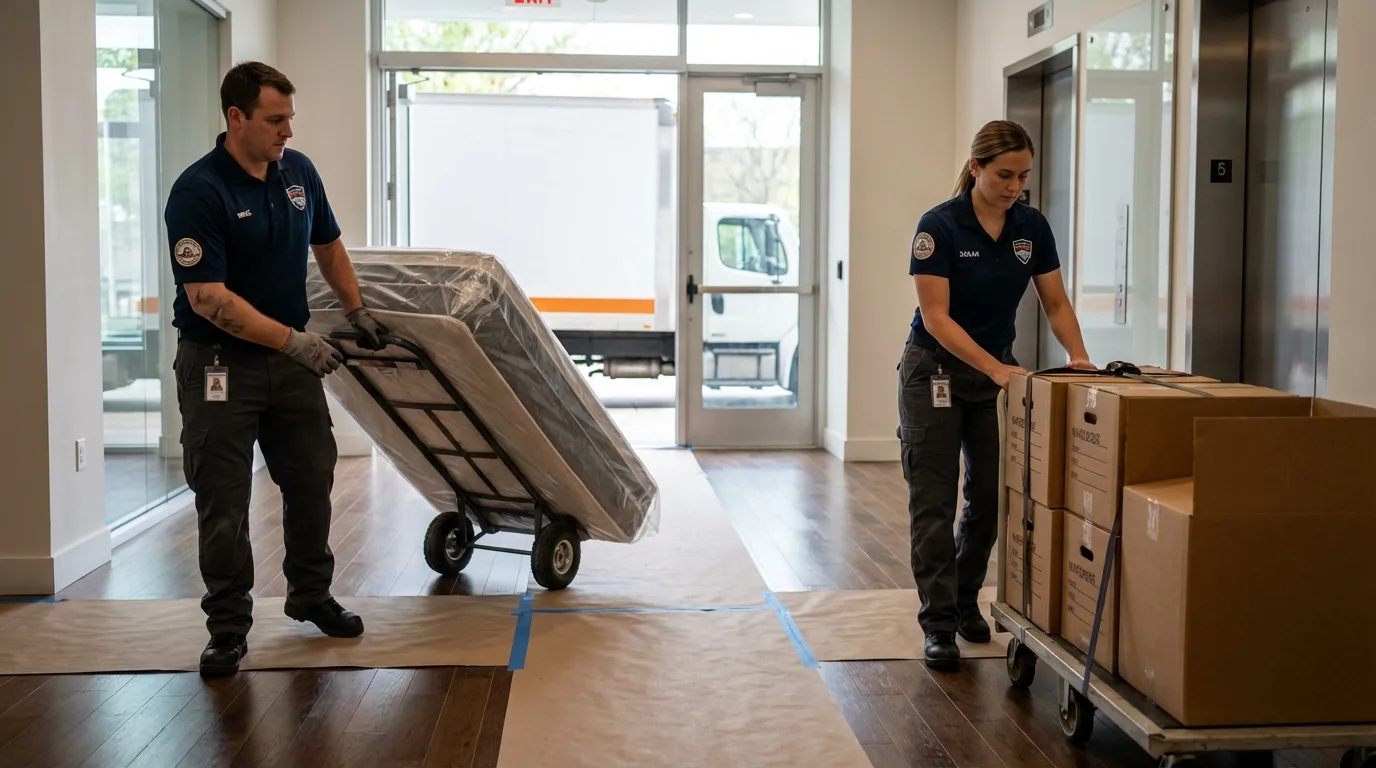 Professional apartment movers loading elevator in Wayne, MI